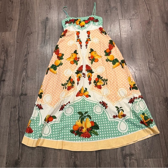 New Caroline Constas Linen Strappy Fruits Dots Print Maxi Long Dress Picnic S - Picture 7 of 14